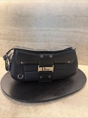 Vintage Dior Street Chic Black Leather Shoulder Bag with Signature Dior Plaque